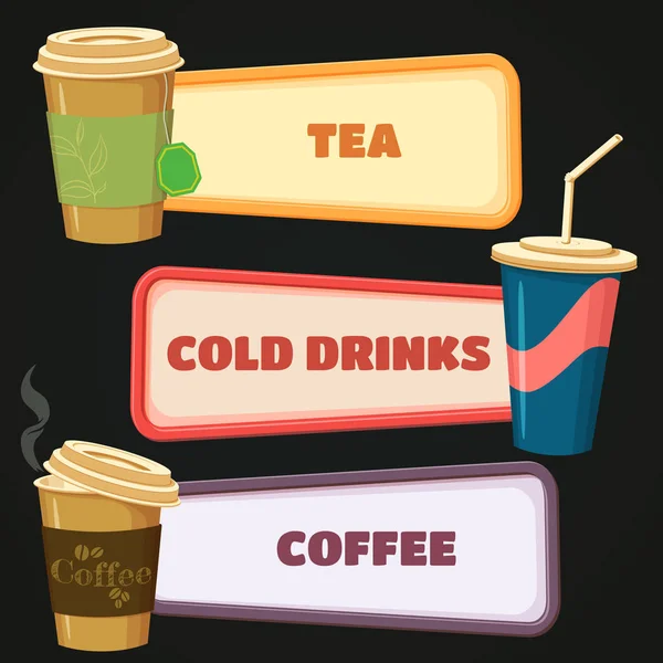 带饮料图标的外卖标志的矢量插图 茶纸杯配泡茶 Cols 饮料杯 吸管和热咖啡杯 — 图库矢量图片