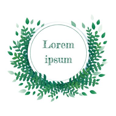 Tebrik kartı, düğün davetiye, ürün tasarımı, dekoratif unsur. Çiçek çelenk illüstrasyon vektör, çerçeve. Yeşil yaprakları, beyaz bir arka plan üzerinde otlar ile simetrik garland.