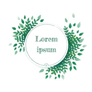 Tebrik kartı, düğün davetiye, ürün tasarımı, dekoratif unsur. Yeşil yaprakları, asimetrik olarak düzenlenmiş beyaz bir arka plan üzerinde otlar ile dairesel çerçeve vektör çizim.
