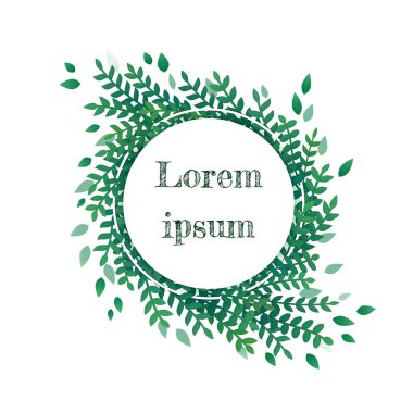Tebrik kartı, düğün davetiye, ürün tasarımı, dekoratif unsur. Çiçek çelenk illüstrasyon vektör, çerçeve. Yeşil yaprakları, saat yönünün tersine bir beyaz zemin üzerine düzenlenmiş otlar ile asimetrik dairesel garland.