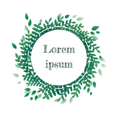 Tebrik kartı, düğün davetiye, ürün tasarımı, dekoratif unsur. Dairesel çiçek çelenk illüstrasyon vektör, çerçeve. Yeşil yaprakları, otlar, saat yönünde beyaz zemin üzerine düzenlenmiş.