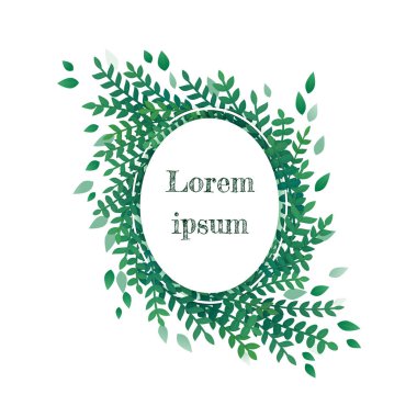 Tebrik kartı, düğün davetiye, ürün tasarımı, dekoratif unsur. Oval çiçek çelenk illüstrasyon vektör, çerçeve. Yeşil yaprakları, saat yönünün tersine beyaz zemin üzerine düzenlenmiş otlar ile asimetrik garland.