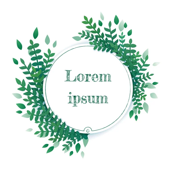 Tebrik kartı, düğün davetiye, ürün tasarımı, dekoratif unsur. Kalın, yemyeşil yeşil yaprakları, asimetrik olarak düzenlenmiş beyaz bir arka plan üzerinde otlar ile dairesel çerçeve vektör çizim.