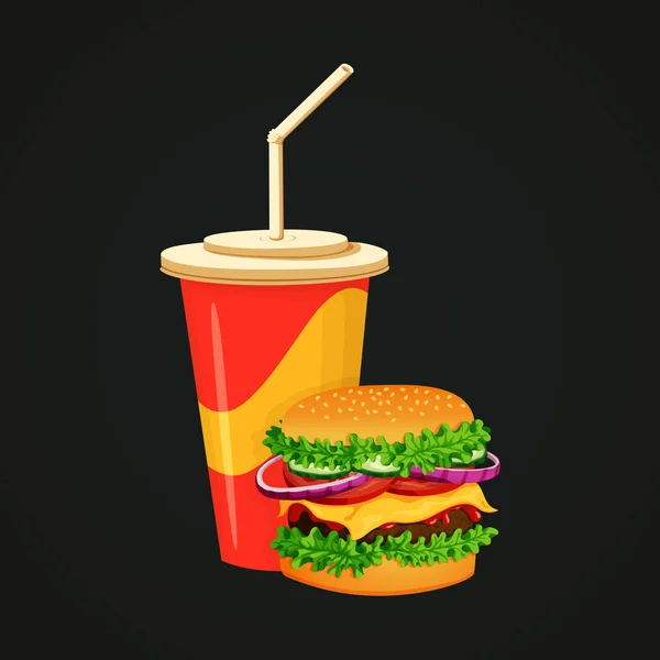 Ikona Rychlého Občerstvení Tmavém Pozadí Pohárek Studený Nápoj Slámy Burger — Stockový vektor