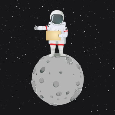 Astronot ay boş işaretiyle otostopçu jest yapma. Vektör çizim. Arka planda yıldızlarla karanlık evren.