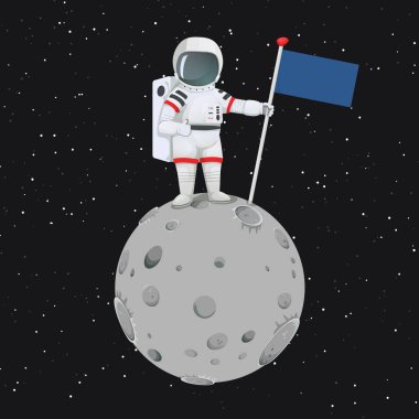 Astronot aya bir bayrak tutan ve tabela Yaşasın vererek ayakta. Vektör çizim. Arka planda yıldızlarla karanlık alan.