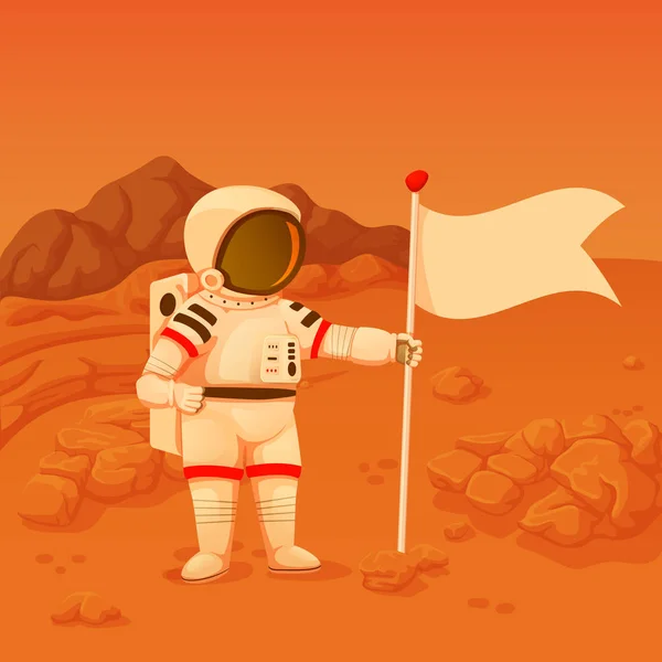 Astronauta Com Braço Akimbo Superfície Marte Segurando Uma Bandeira Ilustração —  Vetores de Stock