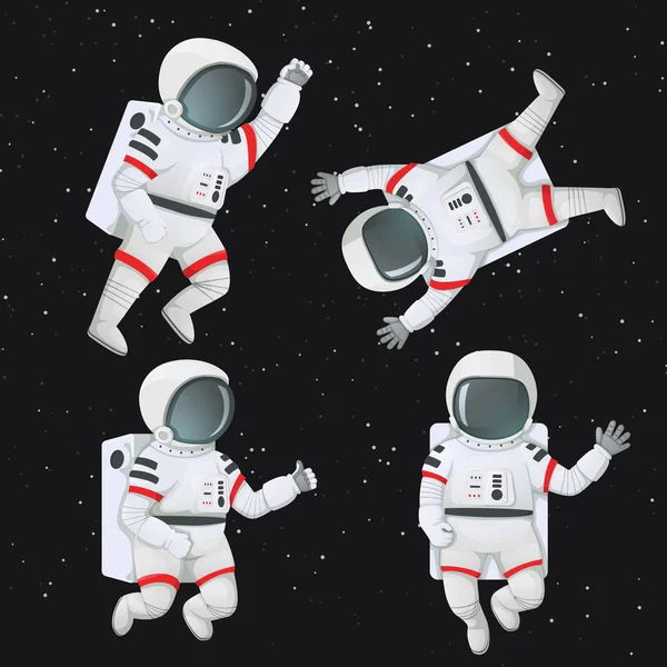 さまざまなポーズで宇宙に浮かんでいる宇宙飛行士のセットです 手を振って 親指をあきらめて 拳を子育て 手足腰に当てで飛んで — ストックベクタ