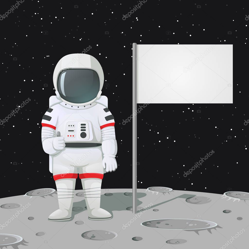 Vector illustration. Astronaut on the Moon surface giving thumbs up gesture. Dark space with stars on the background.