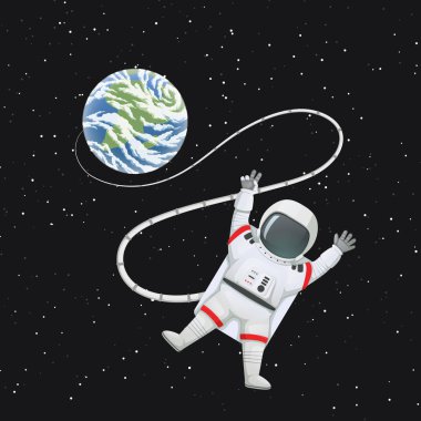 Vektör çizim. Barış veya v giriş yapma astronot bacaklarda akimbo, uzayda Dünya'ya bağlı. Karanlık bir arka plan üzerinde yıldız boşlukla.