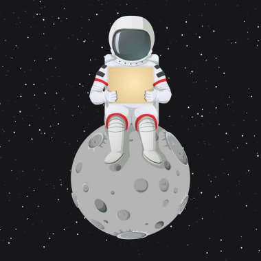 Vektör çizim. Astronot bir işaret Moon'un oturuyor. Karanlık alan ve arka plan üzerinde yıldız.