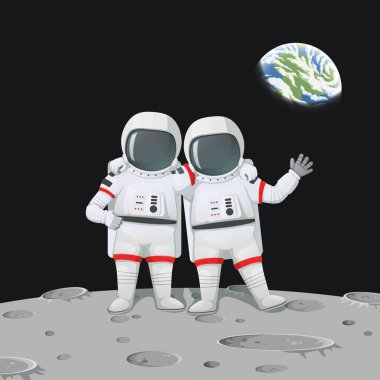 Vektör çizim. İki dost astronot sallayarak ve ay yüzeyinde duran omuzlar üzerinde elleriyle. Koyu arka plan üzerinde Earthrise.