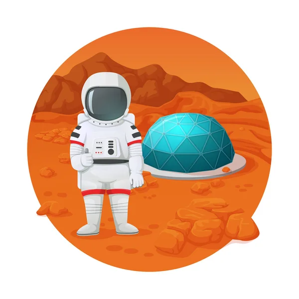 Colonization of mars. Astronaut making thumbs up gesture standing on the mars surface near settlement with protective dome. Vector illustration. Rocks and mountains on the background.