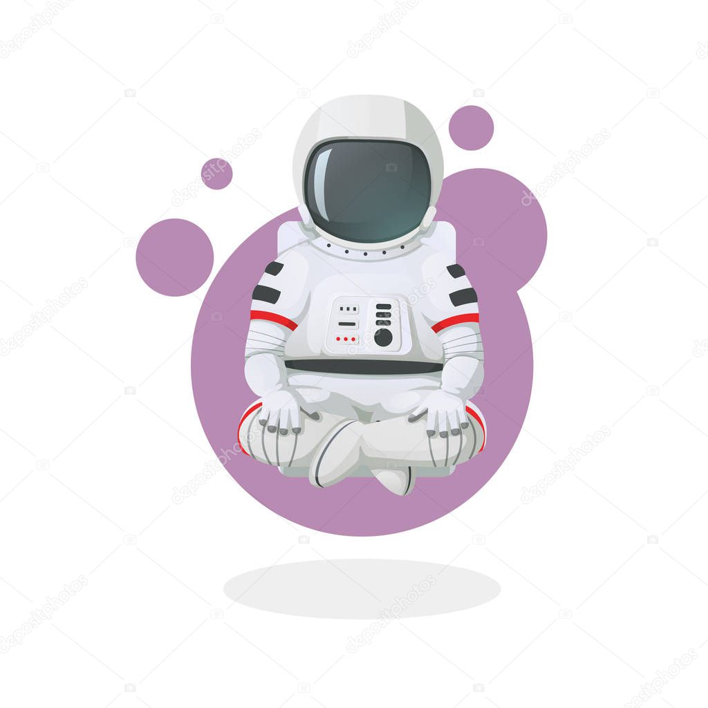 Vector illustration. Space icon. Astronaut sitting in lotus position, meditating, relaxing floating above ground isolated with white background.