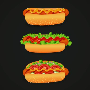 Vektör çizim. Fast food simgeler. Sosisli sandviç farklı malzemelerle: soğan, salatalık ve domates dilimleri, ızgara sosis, marul, ketçap, hardal ve karanlık bir arka plan üzerinde izole susam ile buns.