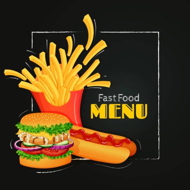 Vektör çizim. Fast food poster, işareti, menü şablonu. Izgara burger, patates kızartması ve ketçap bir kara tahta üzerinde tebeşir anahatları ile sosisli.