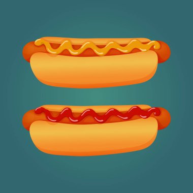 Vektör çizim. Fast food simgesi. Sosisli sandviç ketçap ve hardal mavi bir arka plan üzerinde izole.