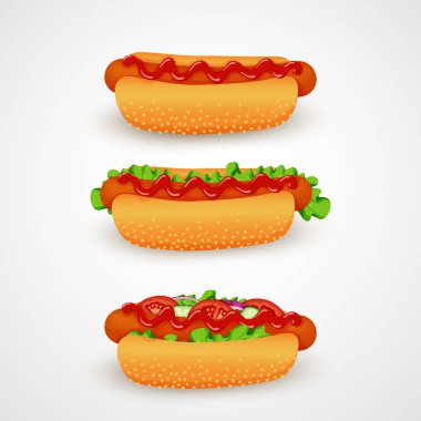 Vektör çizim. Fast food simgeler. Sosisli sandviç farklı malzemelerle: soğan, salatalık ve domates dilimleri, marul, ketçap ve topuz ile beyaz bir arka plan üzerinde izole susam.