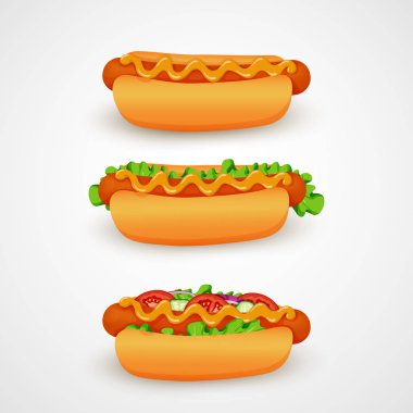 Vektör çizim. Fast food simgeler. Sosisli sandviç farklı malzemelerle: soğan, salatalık ve domates dilimleri, marul ve hardal ve beyaz bir arka plan üzerinde izole topuz.