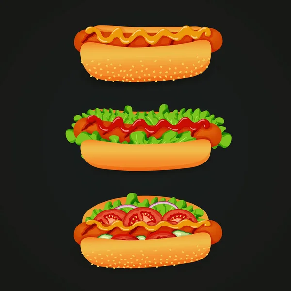 Illustrazione Vettoriale Icone Del Fast Food Hot Dog Con Ingredienti — Vettoriale Stock