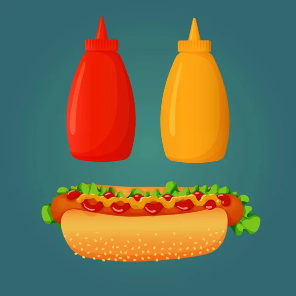 Iconos Comida Rápida Signos Botellas Tomate Mostaza Hot Dog Con — Archivo Imágenes Vectoriales
