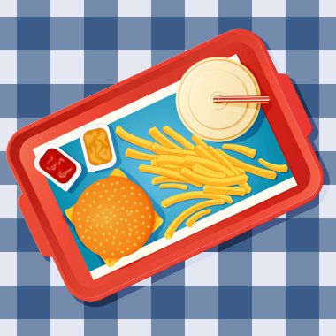 Fast food yemek. Vektör simgesi poster şablonu. Çizburger, içki, patates kızartması ve ketçap ve hardal bir tepsi üzerinde olan açık DIP paketleri. Üstten görünüm. Bir arka plan üzerinde damalı masa örtüsü.