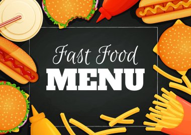 Fast food poster, afiş, menü şablonu. Vektör çizim. Hamburger, sosisli sandviç, ketçap, hardal, patates kızartması ve içki ile karanlık bir arka plan üzerinde beyaz bir çerçeve.