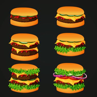Vektör lokanta simgeler kümesi. Hamburger, çizburger, Çift burger, marul, soğan, domates, salatalık ve karanlık bir arka plan üzerinde izole ketçap ile burger.