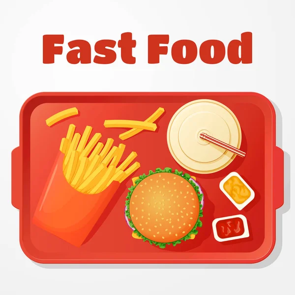 Fast Food Déjeuner Vecteur Icône Menu Affiche Burger Frites Boissons — Image vectorielle