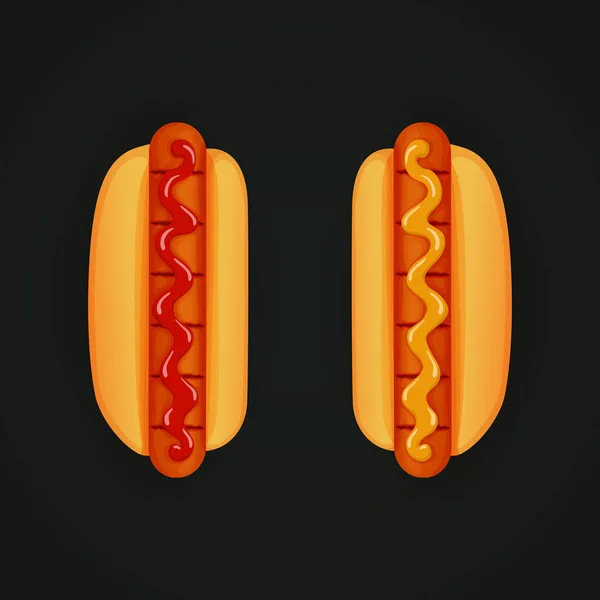 Sült Hot Dog Ketchup Mustár Sötét Háttér Előtt Felülnézet Fast — Stock Vector