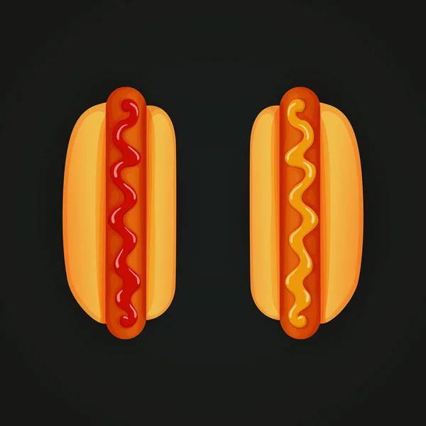 Hot Dogot Ketchup Mustár Sötét Háttér Előtt Felülnézet Fast Food — Stock Vector
