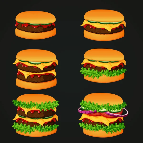 Sada Vektorových Ikon Pro Rychlé Občerstvení Hamburger Cheesburger Burger Burger — Stockový vektor