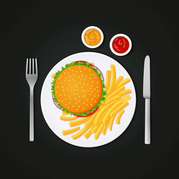 Fast Food Ebéd Vektor Ikonra Burger Krumplit Villával Késsel Ketchup — Stock Vector