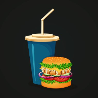 Karanlık bir arka plan üzerinde fast food simgesi. Soğuk içecek bir saman ile ve susam burger tepesinde topuz, marul, salatalık, soğan, domates, peynir, beyaz mayonez sos ve patty ızgara.