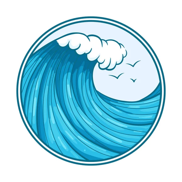 Vector Marine Icon Design Big Colorful Ocean Wave Seagulls Outline — Stock Vector