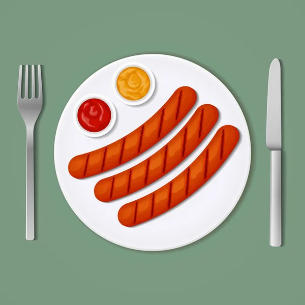 Ilustración Vectorial Icono Comida Tres Salchichas Parrilla Con Mostaza Ketchup — Vector de stock