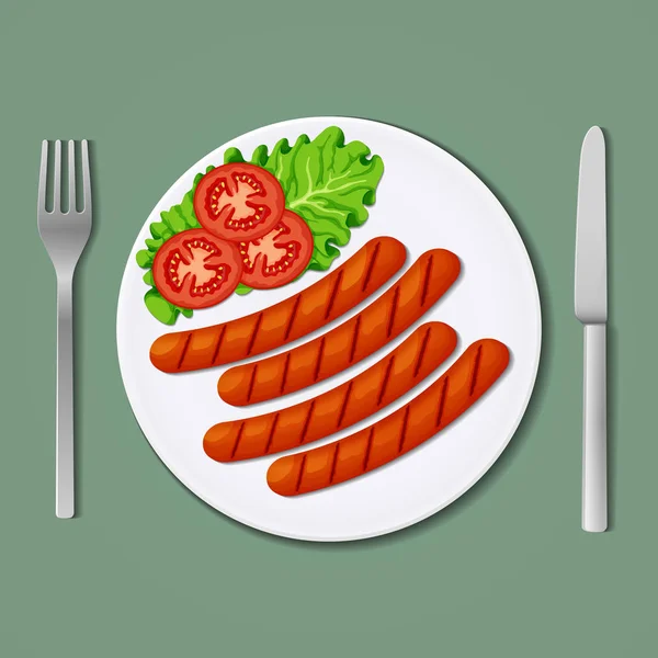 Ícone Comida Ilustração Vetorial Quatro Salsichas Grelhadas Com Fatias Tomate —  Vetores de Stock