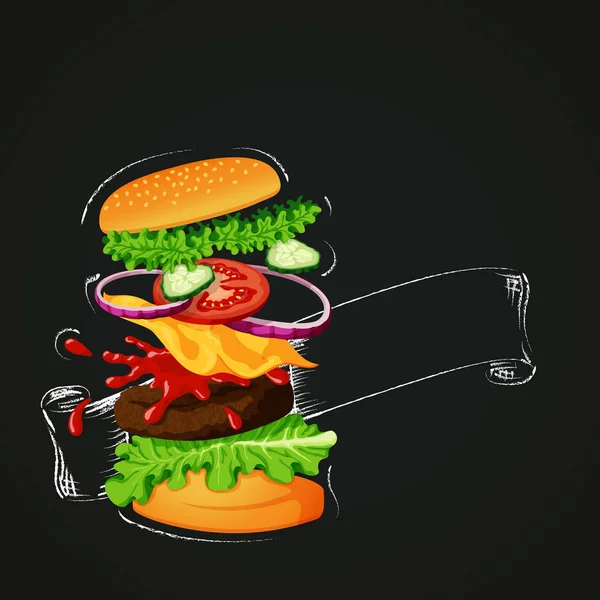 Ilustración Vectorial Icono Comida Rápida Hamburguesa Voladora Mostrando Ingredientes Con — Archivo Imágenes Vectoriales