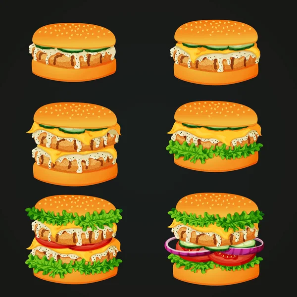 Vector Iconos Comida Rápida Hamburguesa Pollo Hamburguesa Con Queso Hamburguesa — Archivo Imágenes Vectoriales