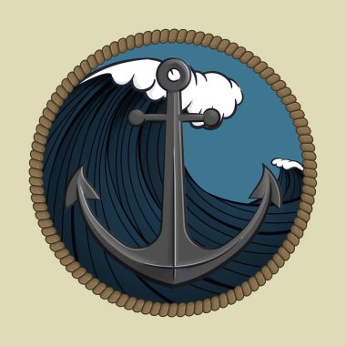 Vektör deniz simgesi, işaret, etiket tasarımı. Renkli çapa ve dairesel ip çerçeve ile karanlık dalga.