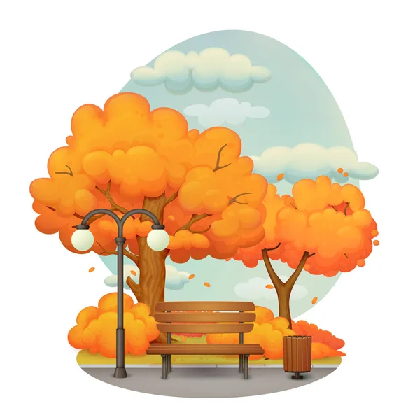 矢量插图 公园现场 沥青小径有木凳 木制垃圾桶和路灯 树叶和灌木在背景下的树木 秋日多云的天空 — 图库矢量图片