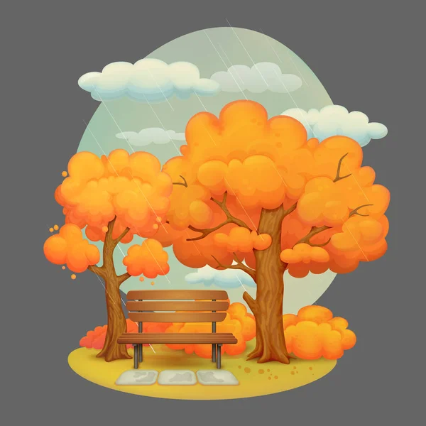 Vector Illustration Park Scene Summer Day Park Wooden Bench Wet — Stock Vector