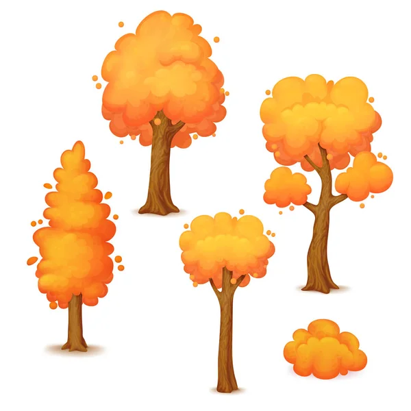Vektorové Ilustrace Sada Podzimní Stromy Žluto Oranžové Listy Izolované Bílém — Stockový vektor