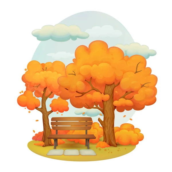 卡通插图的秋季一天的场景在公园 前面有石板的木凳 树叶飘落的树木 背景茂密的灌木丛和多云的天空 — 图库矢量图片