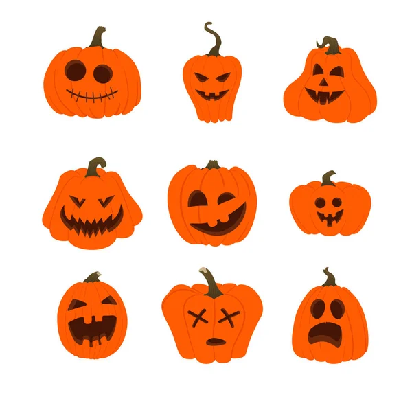 Conjunto Ícones Vetoriais Halloween Abóboras Laranja Simples Com Rostos Engraçados — Vetor de Stock