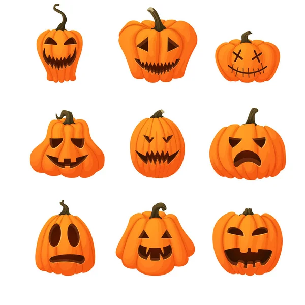 Conjunto Ícones Vetoriais Halloween Abóboras Laranja Maduras Com Rostos Engraçados — Vetor de Stock