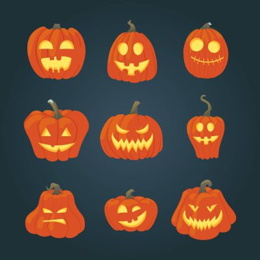 Cadılar Bayramı vektör simgeler kümesi. İçeriden ışıklı basit balkabağı. Farklı şekiller ve yüzler.