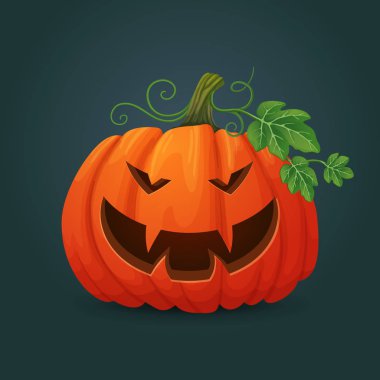 Cadılar Bayramı, sonbahar vektör simgesi. Vampir dişleri yeşil yaprakları ve sarmaşıklar ile karanlık bir arka plan üzerinde gösterilen turuncu oval Cadılar Bayramı Balkabağı gülümseyen.