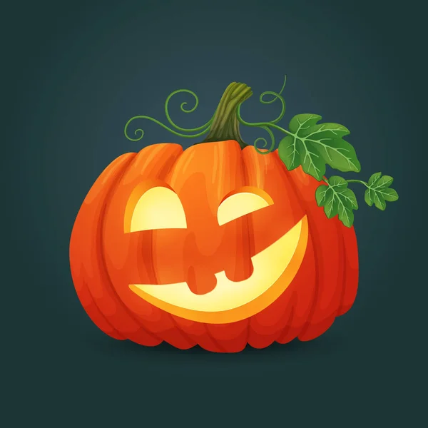 Halloween Vector Icon Grinning Calabaza Naranja Ovalada Con Hojas Vides — Vector de stock