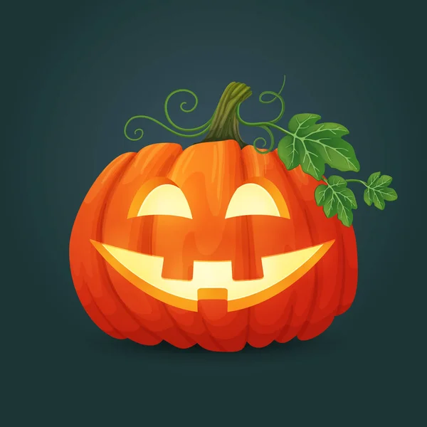 Icono Vectorial Halloween Feliz Calabaza Ovalada Naranja Sonriente Con Hojas — Vector de stock